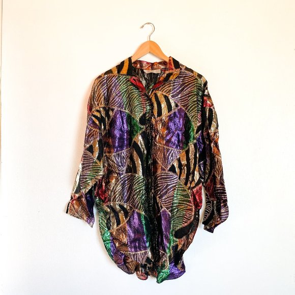 Vintage 80's Metallic Tropical Print Tunic - Picture 1 of 4